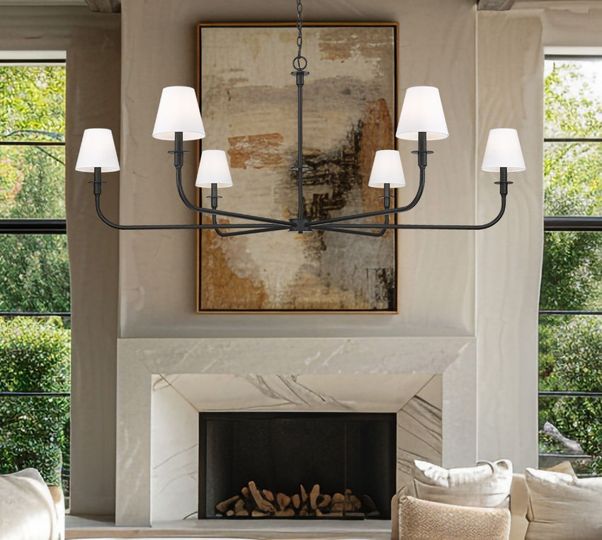 Z-Lite Tova 66" 6-Light Matte Black Steel Frame White Fabric Shade Chandelier
