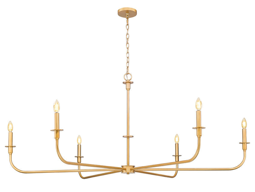 Z-Lite Tova 66" 6-Light Rubbed Brass Steel Frame White Fabric Shade Chandelier