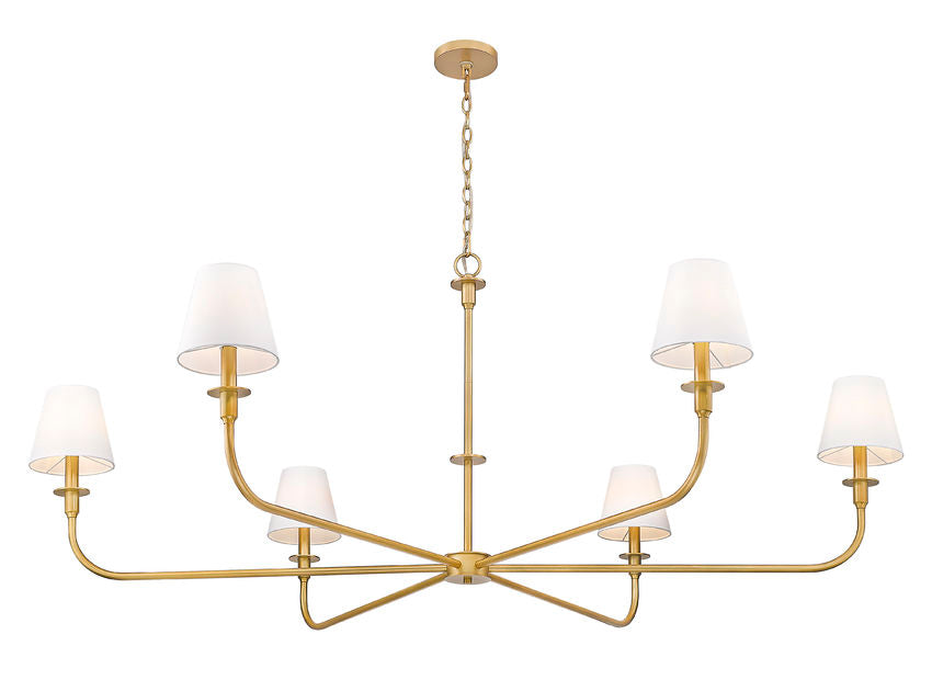 Z-Lite Tova 66" 6-Light Rubbed Brass Steel Frame White Fabric Shade Chandelier