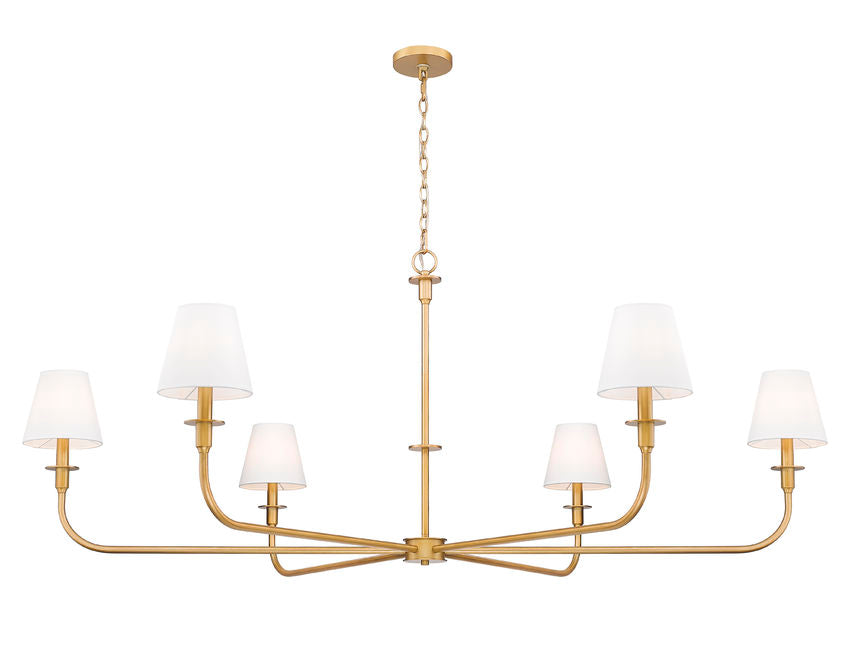 Z-Lite Tova 66" 6-Light Rubbed Brass Steel Frame White Fabric Shade Chandelier