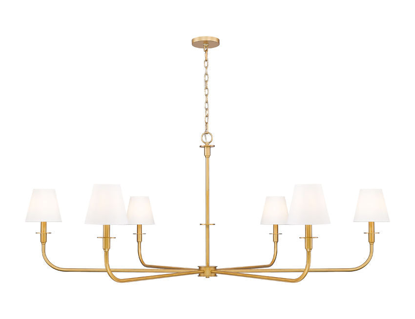 Z-Lite Tova 66" 6-Light Rubbed Brass Steel Frame White Fabric Shade Chandelier
