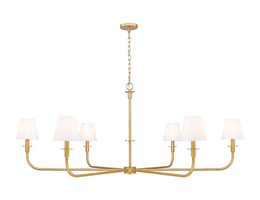 Z-Lite Tova 66" 6-Light Rubbed Brass Steel Frame White Fabric Shade Chandelier