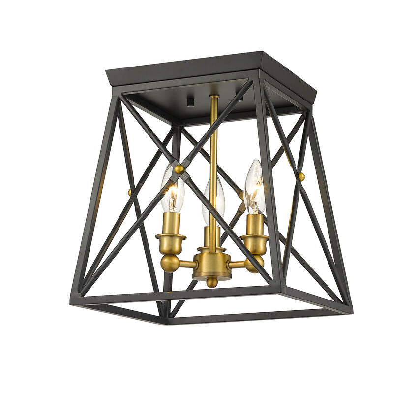 Z-Lite Trestle 11" 3-Light Matte Black and Olde Brass Steel Flush Mount Lighting