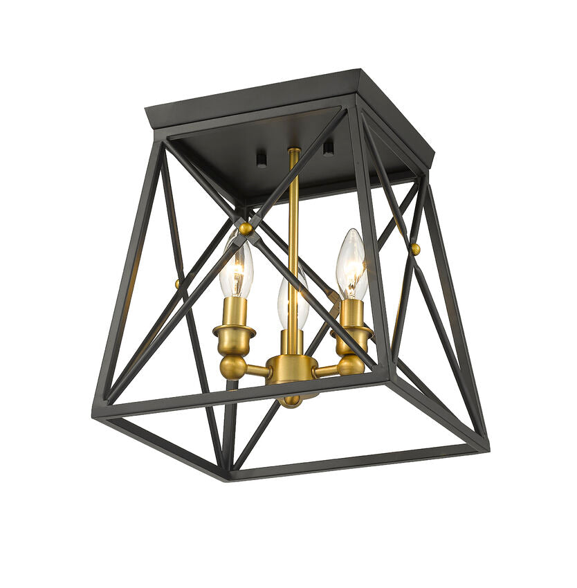 Z-Lite Trestle 11" 3-Light Matte Black and Olde Brass Steel Flush Mount Lighting