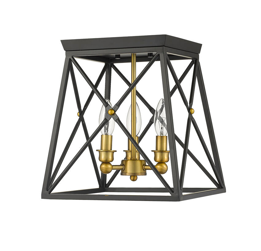 Z-Lite Trestle 11" 3-Light Matte Black and Olde Brass Steel Flush Mount Lighting