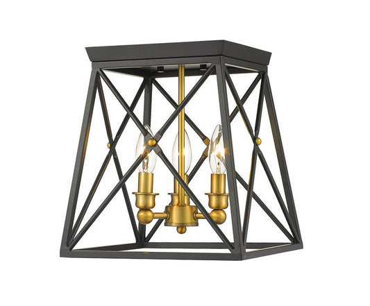 Z-Lite Trestle 11" 3-Light Matte Black and Olde Brass Steel Flush Mount Lighting