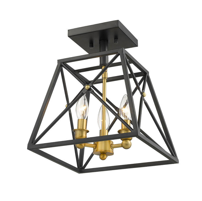 Z-Lite Trestle 11" 3-Light Matte Black and Olde Brass Steel Semi Flush Mount