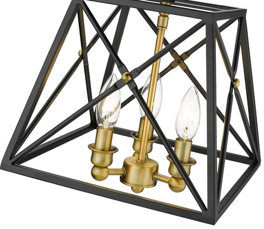 Z-Lite Trestle 11" 3-Light Matte Black and Olde Brass Steel Semi Flush Mount