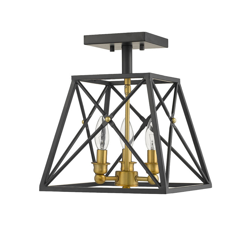 Z-Lite Trestle 11" 3-Light Matte Black and Olde Brass Steel Semi Flush Mount