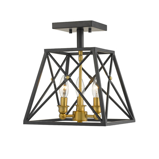 Z-Lite Trestle 11" 3-Light Matte Black and Olde Brass Steel Semi Flush Mount