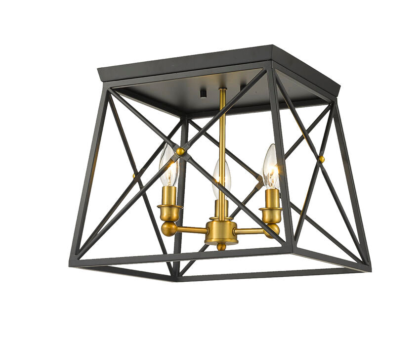 Z-Lite Trestle 14" 3-Light Matte Black and Olde Brass Steel Flush Mount Lighting