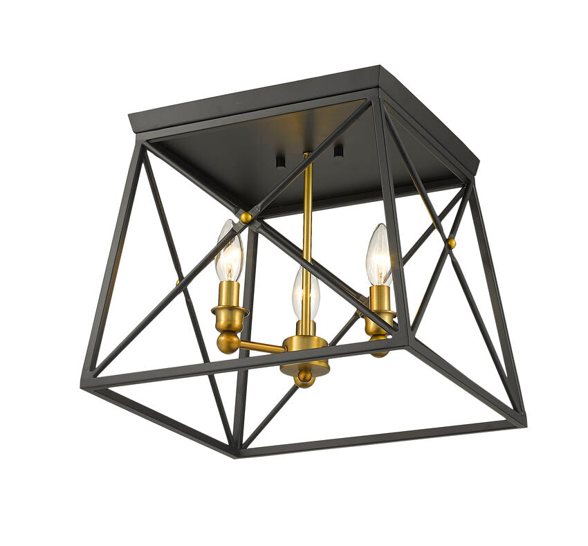 Z-Lite Trestle 14" 3-Light Matte Black and Olde Brass Steel Flush Mount Lighting