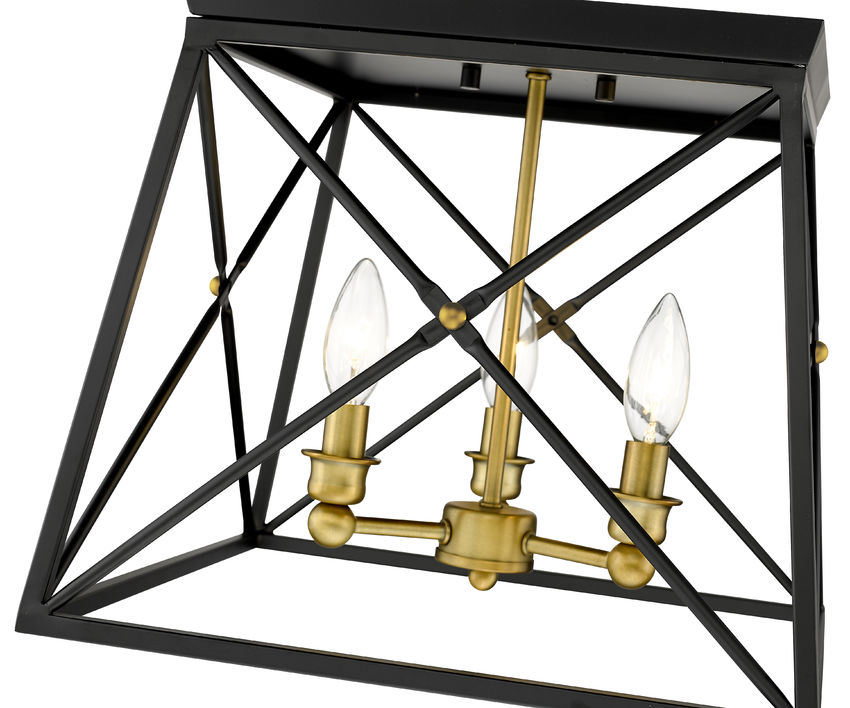 Z-Lite Trestle 14" 3-Light Matte Black and Olde Brass Steel Flush Mount Lighting