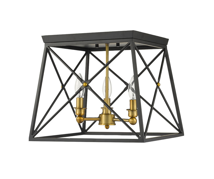 Z-Lite Trestle 14" 3-Light Matte Black and Olde Brass Steel Flush Mount Lighting