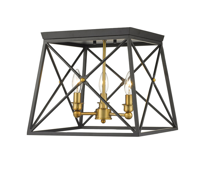 Z-Lite Trestle 14" 3-Light Matte Black and Olde Brass Steel Flush Mount Lighting