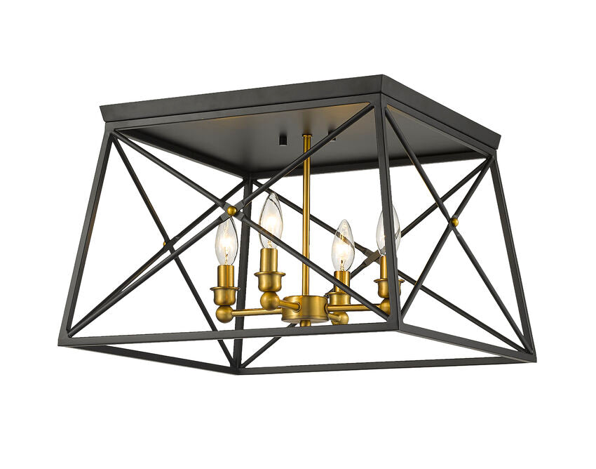 Z-Lite Trestle 18" 4-Light Matte Black and Olde Brass Steel Flush Mount Lighting