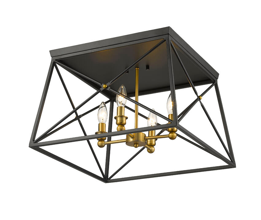 Z-Lite Trestle 18" 4-Light Matte Black and Olde Brass Steel Flush Mount Lighting