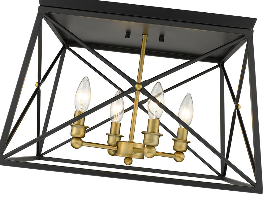 Z-Lite Trestle 18" 4-Light Matte Black and Olde Brass Steel Flush Mount Lighting