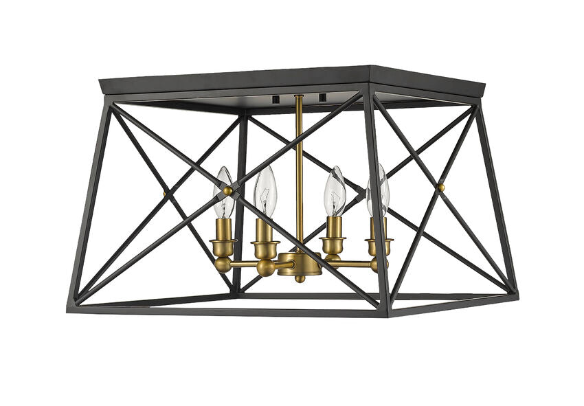 Z-Lite Trestle 18" 4-Light Matte Black and Olde Brass Steel Flush Mount Lighting