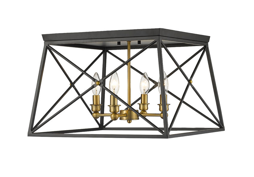 Z-Lite Trestle 18" 4-Light Matte Black and Olde Brass Steel Flush Mount Lighting