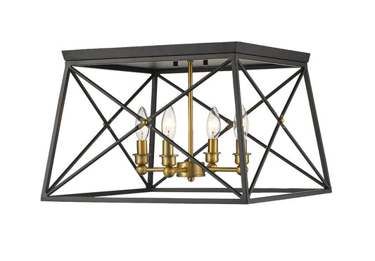 Z-Lite Trestle 18" 4-Light Matte Black and Olde Brass Steel Flush Mount Lighting