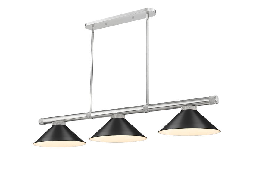 Z-Lite Vanguard 3050-3BN-MB15 59" 3-Light Brushed Nickel Steel and Aluminum Frame Matte Black Steel Shade Billiard Light
