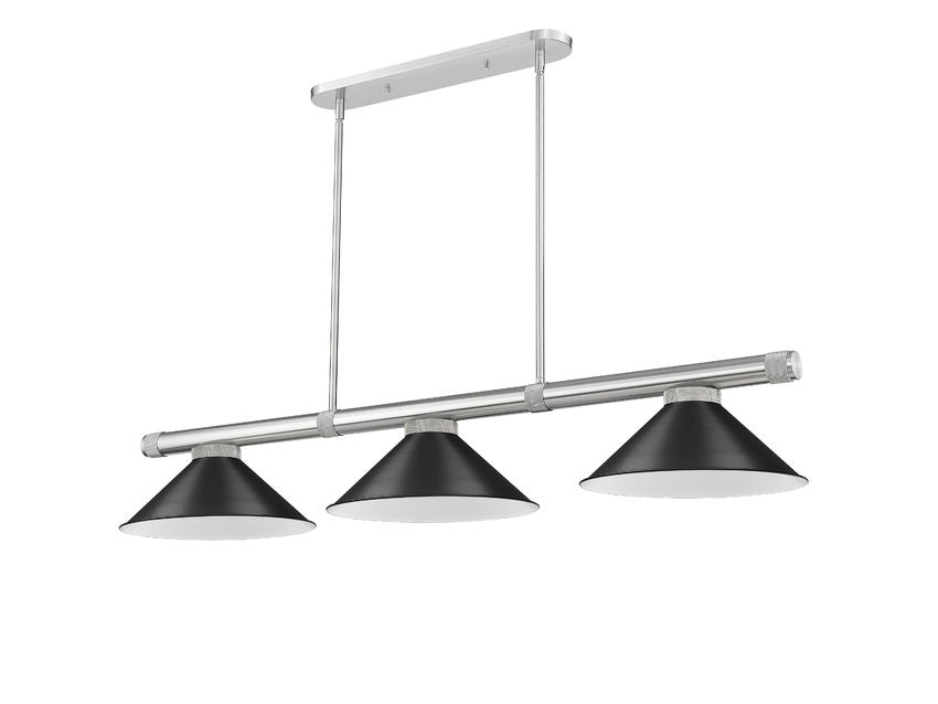 Z-Lite Vanguard 3050-3BN-MB15 59" 3-Light Brushed Nickel Steel and Aluminum Frame Matte Black Steel Shade Billiard Light