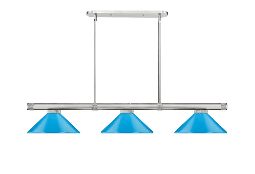 Z-Lite Vanguard 3050-3BN-MEB 59" 3-Light Brushed Nickel Steel and Aluminum Frame Electric Blue Steel Shade Billiard Light