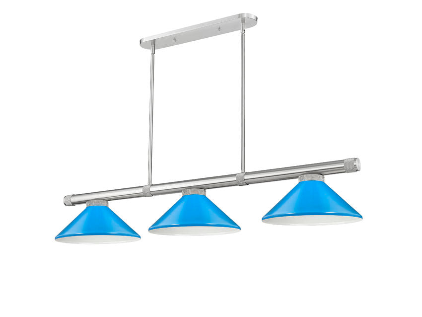 Z-Lite Vanguard 3050-3BN-MEB 59" 3-Light Brushed Nickel Steel and Aluminum Frame Electric Blue Steel Shade Billiard Light