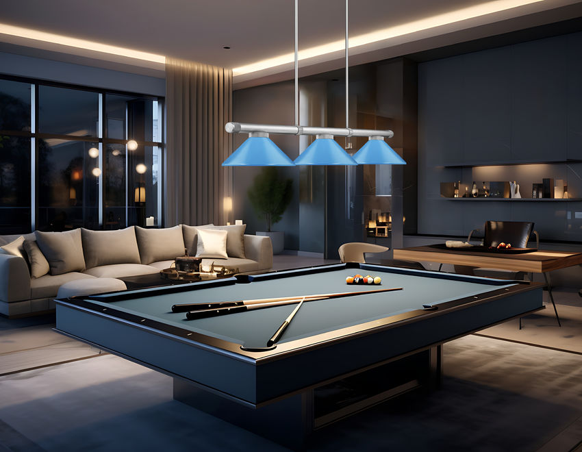 Z-Lite Vanguard 3050-3BN-MEB 59" 3-Light Brushed Nickel Steel and Aluminum Frame Electric Blue Steel Shade Billiard Light