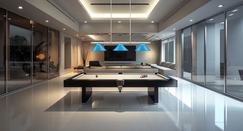 Z-Lite Vanguard 3050-3BN-MEB 59" 3-Light Brushed Nickel Steel and Aluminum Frame Electric Blue Steel Shade Billiard Light