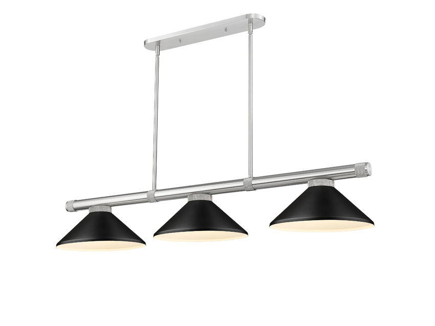 Z-Lite Vanguard 3050-3BN-MMB 59" 3-Light Brushed Nickel Steel and Aluminum Frame Matte Black Steel Shade Billiard Light