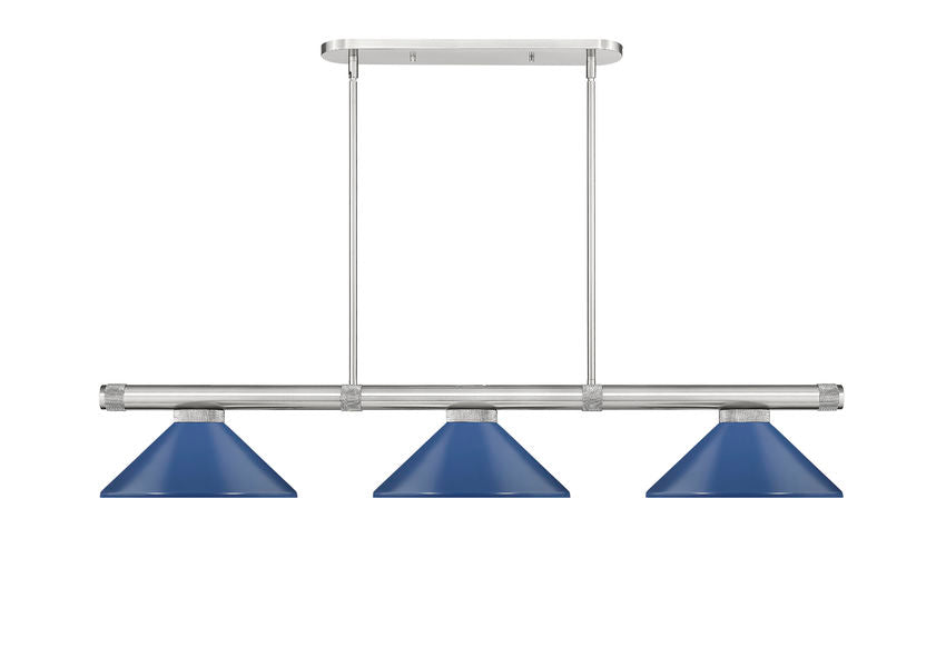 Z-Lite Vanguard 3050-3BN-MNB 59" 3-Light Brushed Nickel Steel and Aluminum Frame Navy Blue Steel Shade Billiard Light