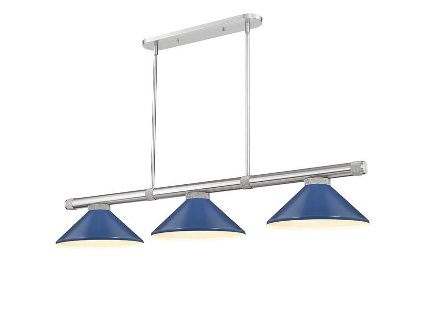 Z-Lite Vanguard 3050-3BN-MNB 59" 3-Light Brushed Nickel Steel and Aluminum Frame Navy Blue Steel Shade Billiard Light