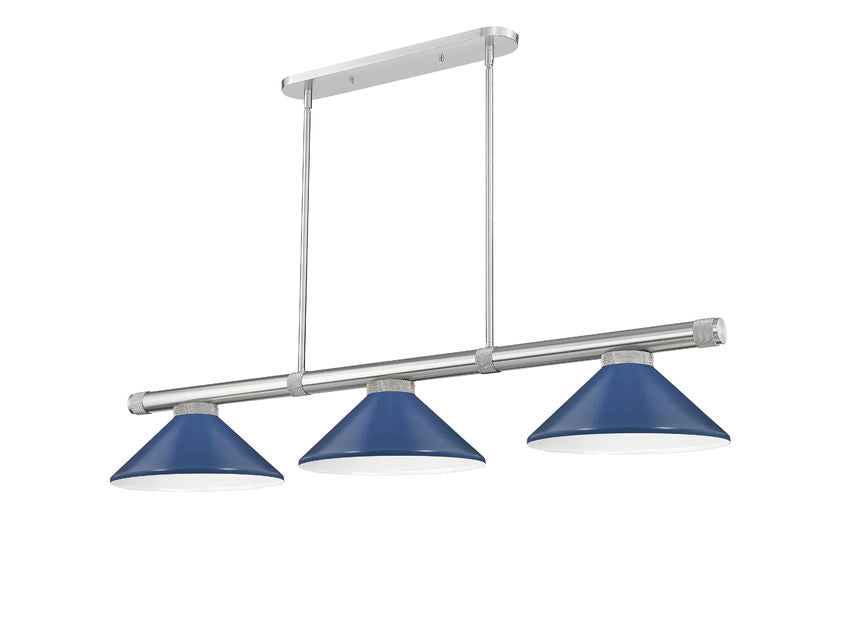 Z-Lite Vanguard 3050-3BN-MNB 59" 3-Light Brushed Nickel Steel and Aluminum Frame Navy Blue Steel Shade Billiard Light