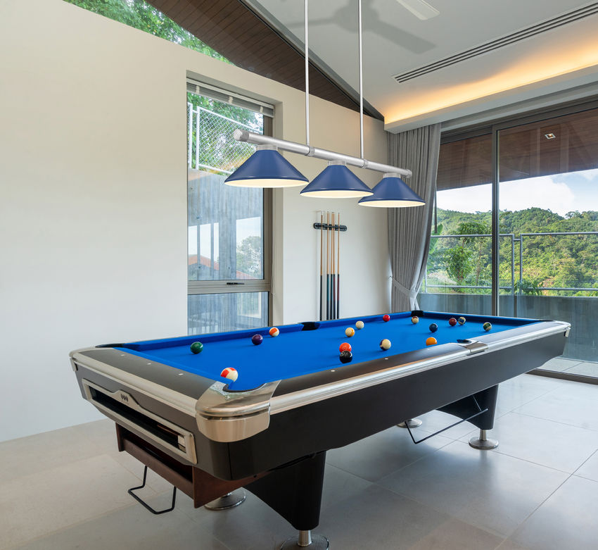 Z-Lite Vanguard 3050-3BN-MNB 59" 3-Light Brushed Nickel Steel and Aluminum Frame Navy Blue Steel Shade Billiard Light