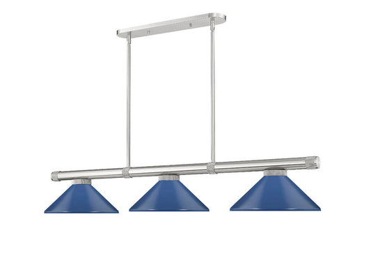 Z-Lite Vanguard 3050-3BN-MNB 59" 3-Light Brushed Nickel Steel and Aluminum Frame Navy Blue Steel Shade Billiard Light