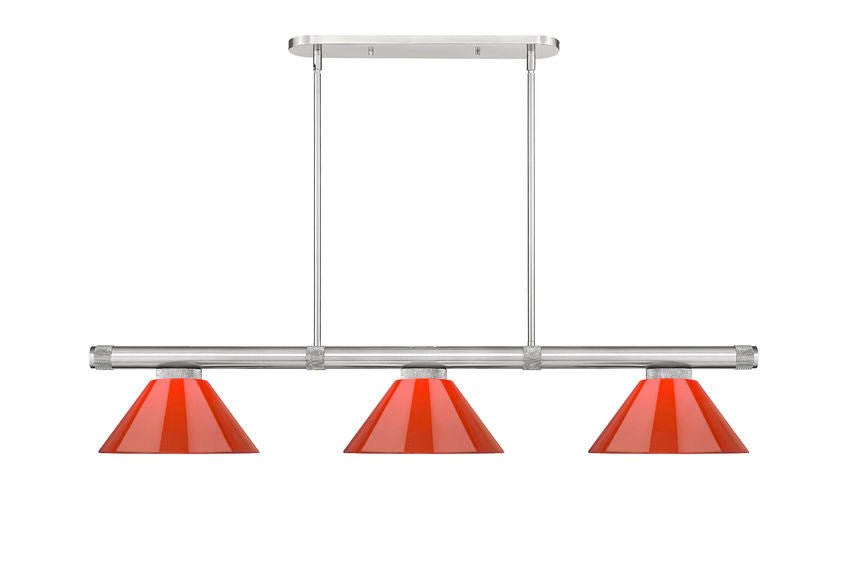 Z-Lite Vanguard 3050-3BN-PRD 59" 3-Light Brushed Nickel Steel and Aluminum Frame Red Plastic Shade Billiard Light
