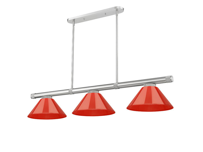 Z-Lite Vanguard 3050-3BN-PRD 59" 3-Light Brushed Nickel Steel and Aluminum Frame Red Plastic Shade Billiard Light