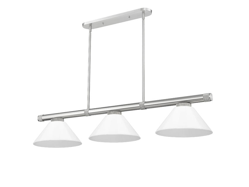 Z-Lite Vanguard 3050-3BN-PWH 59" 3-Light Brushed Nickel Steel and Aluminum Frame White Plastic Shade Billiard Light