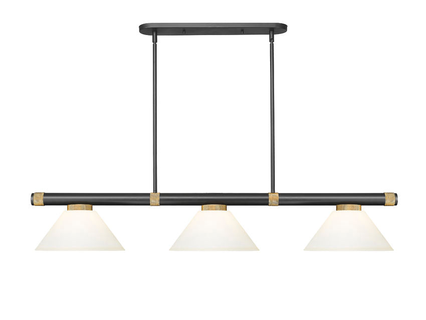 Z-Lite Vanguard 3050-3MB-RB-AMO14 59" 3-Light Matte Black and Rubbed Brass Steel and Aluminum Frame Matte Opal Glass Shade Billiard Light