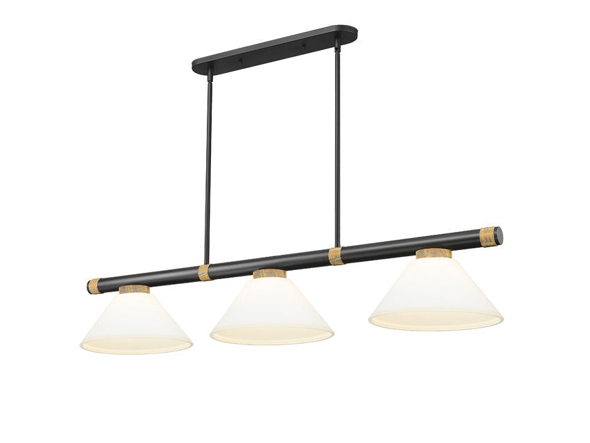 Z-Lite Vanguard 3050-3MB-RB-AMO14 59" 3-Light Matte Black and Rubbed Brass Steel and Aluminum Frame Matte Opal Glass Shade Billiard Light