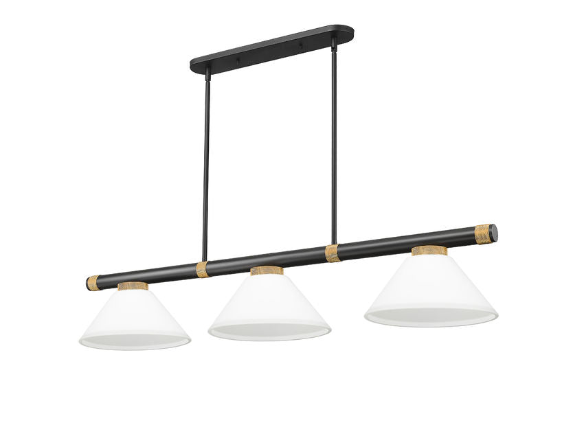 Z-Lite Vanguard 3050-3MB-RB-AMO14 59" 3-Light Matte Black and Rubbed Brass Steel and Aluminum Frame Matte Opal Glass Shade Billiard Light