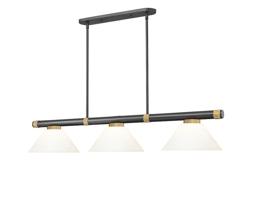 Z-Lite Vanguard 3050-3MB-RB-AMO14 59" 3-Light Matte Black and Rubbed Brass Steel and Aluminum Frame Matte Opal Glass Shade Billiard Light
