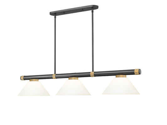 Z-Lite Vanguard 3050-3MB-RB-AMO14 59" 3-Light Matte Black and Rubbed Brass Steel and Aluminum Frame Matte Opal Glass Shade Billiard Light