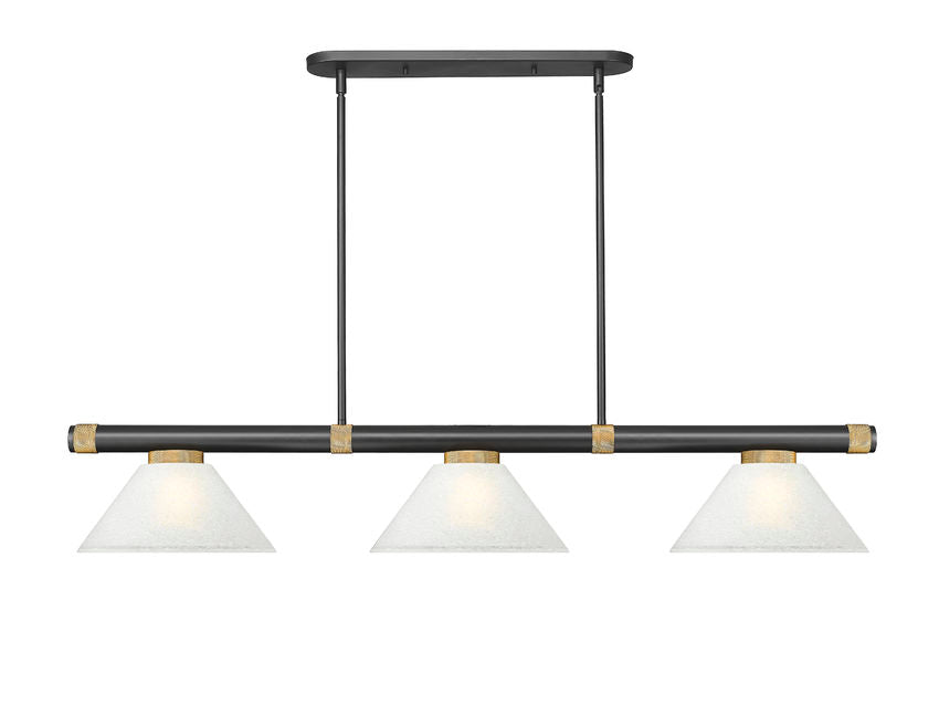 Z-Lite Vanguard 3050-3MB-RB-AWL14 59" 3-Light Matte Black and Rubbed Brass Steel and Aluminum Frame White Linen Glass Shade Billiard Light