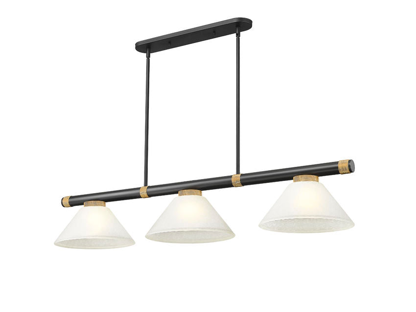 Z-Lite Vanguard 3050-3MB-RB-AWL14 59" 3-Light Matte Black and Rubbed Brass Steel and Aluminum Frame White Linen Glass Shade Billiard Light