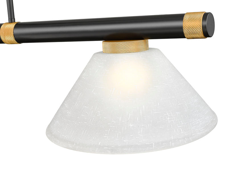Z-Lite Vanguard 3050-3MB-RB-AWL14 59" 3-Light Matte Black and Rubbed Brass Steel and Aluminum Frame White Linen Glass Shade Billiard Light