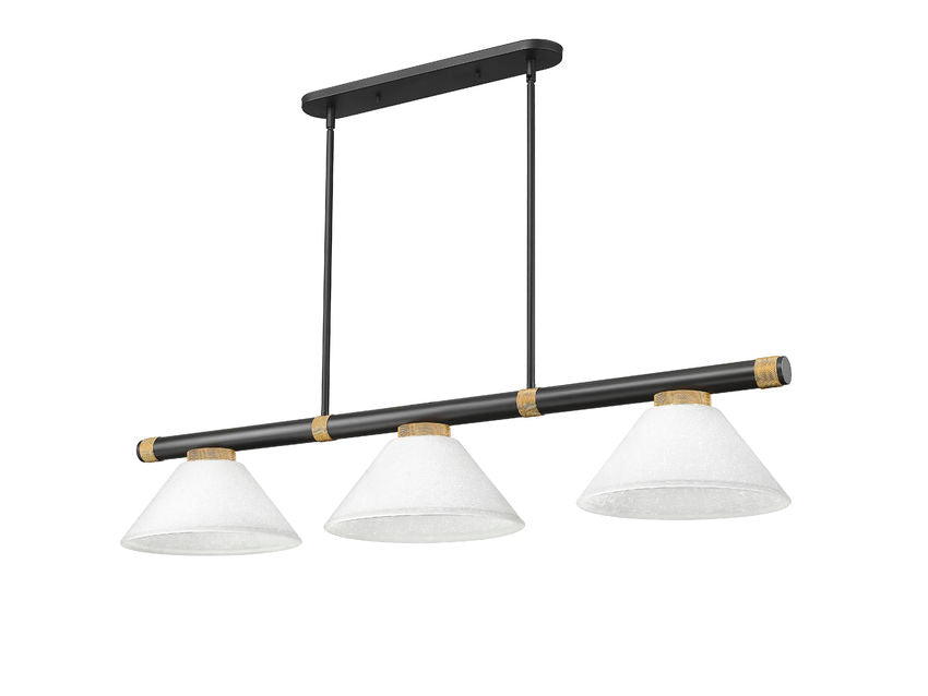 Z-Lite Vanguard 3050-3MB-RB-AWL14 59" 3-Light Matte Black and Rubbed Brass Steel and Aluminum Frame White Linen Glass Shade Billiard Light