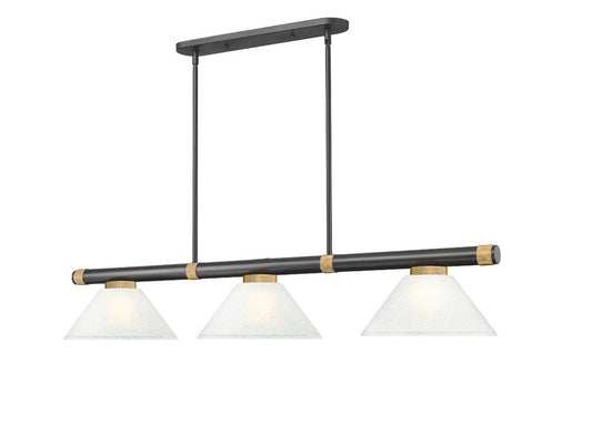 Z-Lite Vanguard 3050-3MB-RB-AWL14 59" 3-Light Matte Black and Rubbed Brass Steel and Aluminum Frame White Linen Glass Shade Billiard Light